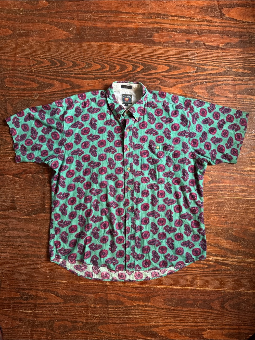 Vintage 90’s Chaps Short Sleeve Button-Up Shirt in Teal with Purple Paisley XL